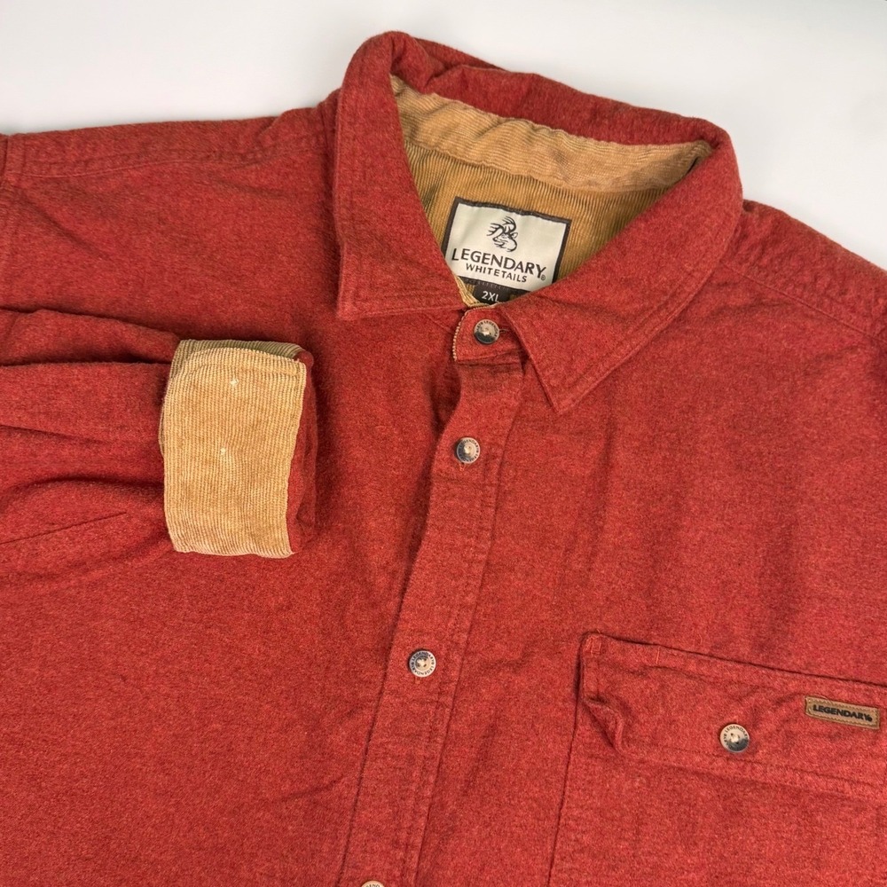 Legendary Whitetails Men's Rust Red Button-Down Shirt with Corduroy Trim